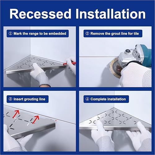 12" Corner Shower Shelf, 1-Pack Shower Shelves SUS304 Stainless Steel Bathroom Shelves for Tile Walls, Recessed Corner Shelf Organizer Rack, No Drilling (Brushed) - Image 6