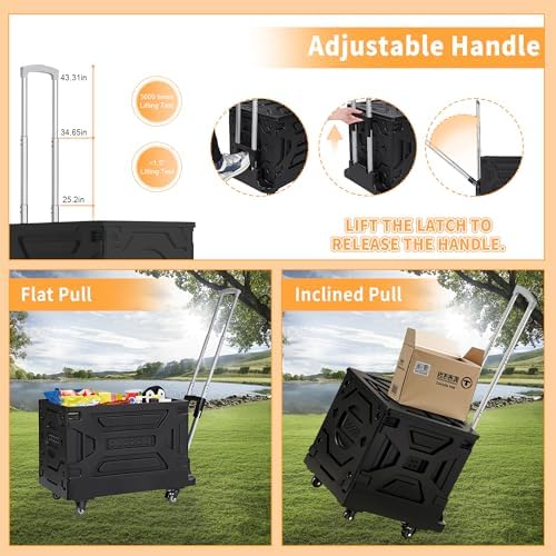 VECELO Foldable Shopping Cart with Wheels, Collapsible Rolling Crate for Groceries, Folding Storage Box with Handle, Three Modes of Use, Ideal for Teacher, Trip, Outdoors, Etc., 23GAL, Black - Image 4