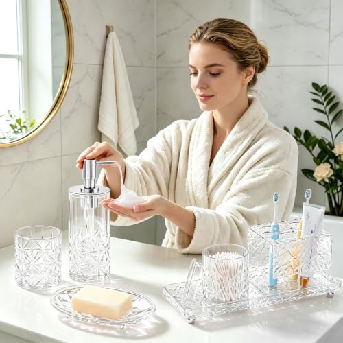 5-Piece Bathroom Accessories Set, Glass Soap Dispenser & Vanity Containers with Acrylic Toothbrush Holder and Tray - Image 6