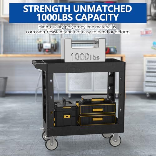Large Garage Plastic Utility Cart, Heavy Duty 2 Shelf Tool Cart Service Cart Rolling Push Carts with Ergonomic Handle 5" Swivel Casters. - Image 6