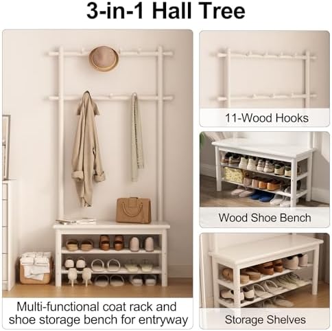 AQIMUELE Coat Rack with Shoe Storage, Wooden Hall Tree with Bench, 11 Hooks and 2-Tier Storage Shelves, 3-in-1, Entryway Bench with Coat Rack (31.5"-White) - Image 3