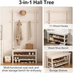 AQIMUELE Coat Rack with Shoe Storage, Wooden Hall Tree with Bench, 11 Hooks and 2-Tier Storage Shelves, 3-in-1, Entryway Bench with Coat Rack (31.5"-White) - Image 3