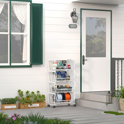 PUSDON 4-Tier Spacious Stackable Wire Storage Baskets with Wheels, Metal Rolling Utility Cart, Produce Basket for Pantry, Bathroom Organizer Shelf, Classic White - Image 2