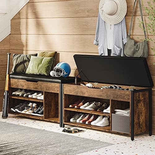 Shoe Bench, Lift Top Shoe Storage Bench, Adjustable Shelf Entryway Bench, Metal and Wood Shoe Rack Organizer with Cushion for Entry, Bedroom, Closet, Living Room, Hallway (Brown, 35.5“W) - Image 4