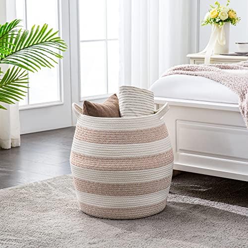 KAKAMAY Woven Baskets for Storage(17"x17"),Large Cotton Rope Woven Baby Laundry Hamper,Collapsible Laundry Basket, Blanket Basket for Organizing Living Room,Nursery,Pillows,Toy Chest(Rose) - Image 4