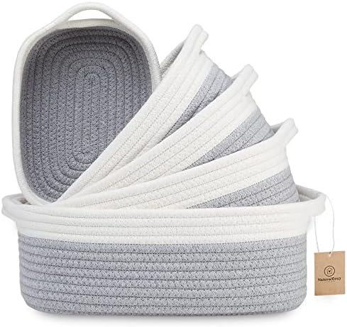 NaturalCozy 5-Piece Rectangle Storage Basket Set- Natural Cotton Rope Woven Baskets for Organizing! Small Basket for Montessori, Baby Nursery, Dog Toy Baskets, Cat Toy Box, Bathroom Organization Bin by NaturalCozy