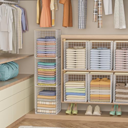 Hencawima 3-Pack Taller Stackable Closet Organizers and Storage with Wood Top,White | Wire Storage Bins for Clothes, Double Storage Design, Sturdy Metal Cube Shelf Organizer for Closet Wardrobe-Black - Image 5