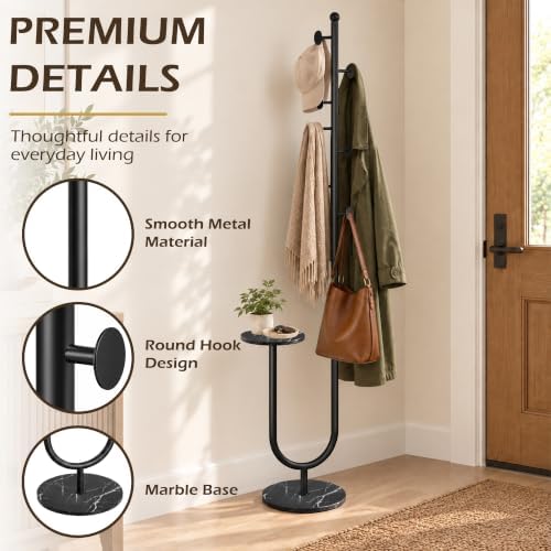 Metal Coat Rack Freestanding, Marble Table & Base, 6 Hooks, Black - Image 4