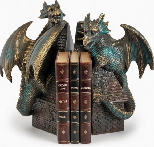 Bellaa Dragon Bookends Set of 2 - Heavy Duty Decorative Book Ends for Shelves, Medieval Gothic Castle Guardian, Non-Skid Resin 7.5" Vintage Bronze 28670 by Bellaa
