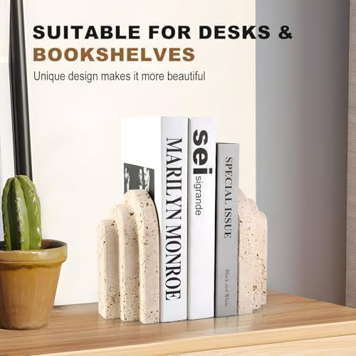 Natural Marble Book Ends - Heavy Duty Bookends for Shelves - Aesthetic Layered Arch Design Stone Book Holders, Unique Modern Office Bookshelf Stopper Decor for Books/CDs(Travertino Turkey) - Image 6