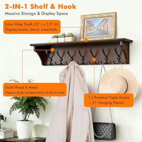 Felibeaco 33" Coat Rack with Shelf Wall Mount, 7 Triple-Hooks,Pre-Assembled - Image 2