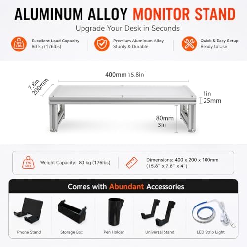 LED Lighted Monitor Stand Riser, Aluminum Alloy Frame with Frosted Acrylic Top, Under-Desk Storage Organizer for Small Parts, Minimalist Desktop Stand for Home & Gaming Setup (15.8 in / 400 mm) - Image 6