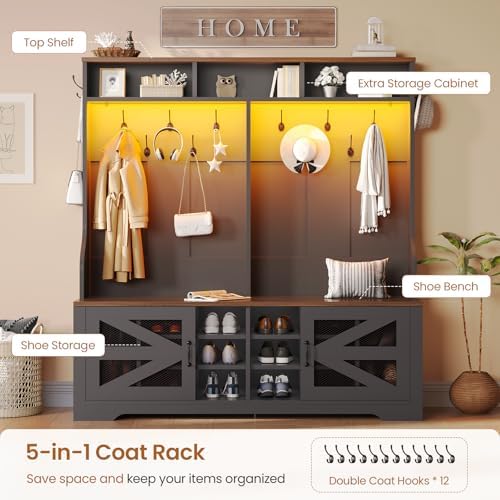 Itaar Hall Tree with Bench and Shoe Storage, 5-in-1 Entryway Bench with Coat Rack, 16 Shoe Cubbies & 12 Coat Hooks, Barn Door & Adjustable Shelf (Black) - Image 3