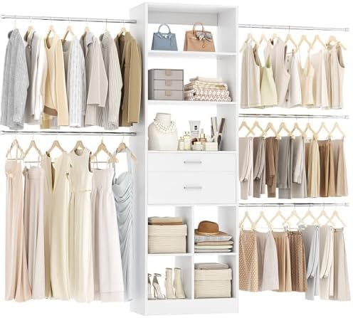 Besiost Closet System, 4-8 FT Closet Organizer Tower with 2 Wooden Drawers and 5 Hanging Rods, Can Fit 60 to 96 inch Walk-in Closet System, White by Besiost