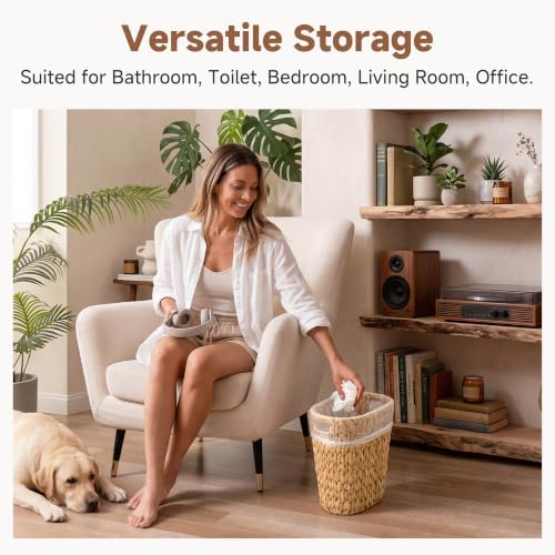 StorageWorks Wicker Waste Basket, Handwoven Water Hyacinth Trash Can with Built-in Handles, Wicker Garbage Can for Bedroom, Bathroom, 1 Pack - Image 6