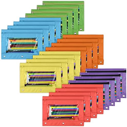 YoeeJob Pencil Pouch for 3 Ring Binder，Zipper Pencil Pouches Bulk，Pencil Case Pouch with Clear Window for Class, School, Office, 6 Colors-24 Packs by YoeeJob