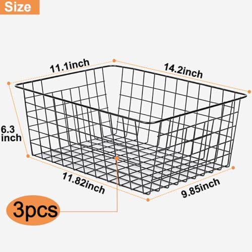 3 Pack Large Wire Baskets for Organizing 14.2'' Metal Wire Baskets with Built-in Handles, Wire Storage Basket Black Metal Freezer Organizer Wire Basket for Pantry, Cabinets, Bathroom - Image 2