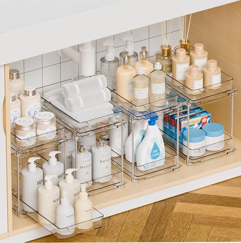 Yieach 4 Pack Under Sink Organizers and Storage,Clear Acrylic Bathroom Organizer and Cabinet Organization for Makeup,Medicine,Two Tier Pull Out Cabinet Organizer Drawers for Pantry,Vanity Storage Bins by Yieach