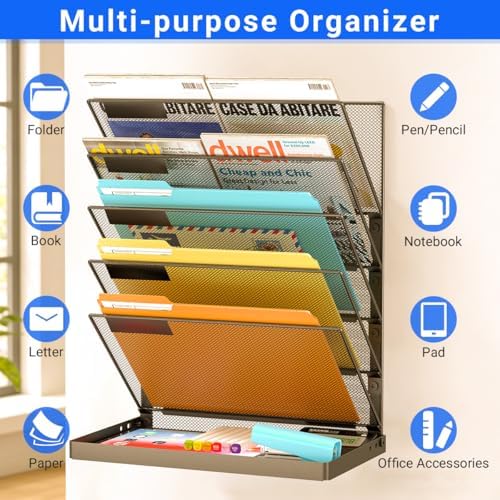 TOPCJ Legal/Letter Size 6 Tier Wall File Organizer,2-in-1 Wall Mounted&Desktop File Holder,2 Installation Methods Screws & Adhesive,Mesh Document Organizer with Label Plate for Home Office - Image 4