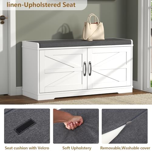 Loomie Shoe Storage Bench, 2-Tier Farmhouse Entryway Bench with Padded Seat Cushion, 13.78" D x 39.37" W x 19.69" H, Slim Shoe Cabinet Bench for Entryway, Living Room, Bedroom (White) - Image 5
