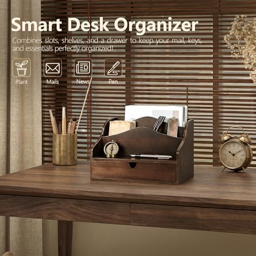 Rebee Vision Acacia Wood Mail Organizer for Desk Room Decor, Dark Brown - Image 3