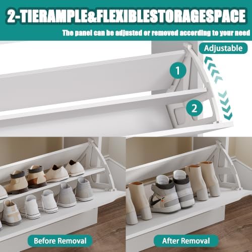 Shoe Cabinet for Entryway with 3 Flip Drawers, White Tall Wood Shoe Storage Cabinet with Coat Rack, Narrow Hidden Slim Freestanding Shoe Rack Organizer, 2 in 1 Hall Tree for Living Room, Hallway - Image 3