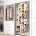 Hanging Shoe Organizer for Closet-Collapsible Storage Rack with 25 Sections & 4 Side Pockets, Hanging Shoe Shelves for Hats,and Clothes, Beige - Image 2