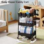 3 Tier Metal Rolling Cart with Lockable Wheels,Black Three Tiered Art Carts - Image 4