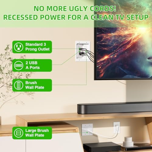 in Wall Cable Management Kit with Brush Wall Plate,AC Outlets & USB-a Ports,9ft Cord,Hide Cords Recessed Wall Outlet for TV Cable Management,HDMI Cables and Home Theater Systems - Image 5