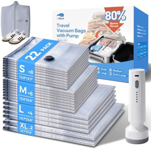 Litbear Travel Vacuum Bags with Cordless Electric Pump, 22 Pack 4 Sizes by LitBear
