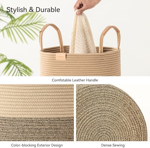 Nunsino 95L Striped Laundry Hamper with Leather Handles,Large Foldable Laundry Basket for Clothes,Cotton Rope Storage Bin for Blankets,Woven Clothes Basket for Bedroom,Dark Brown Stripes - Image 6