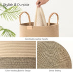 Nunsino 95L Striped Laundry Hamper with Leather Handles,Large Foldable Laundry Basket for Clothes,Cotton Rope Storage Bin for Blankets,Woven Clothes Basket for Bedroom,Dark Brown Stripes - Image 6