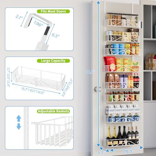 8-Tier Over Door Pantry Organizer, Adjustable Metal Hanging Storage Rack for Kitchen Pantry, White - Image 2