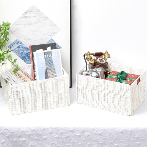 Vagusicc Wicker Storage Basket, Set of 2 Hand-Woven Paper Rope Wicker Basket, Large Storage Baskets for Organizing, Foldable Large Cube Storage Organizer Bins for Shelves (White) - Image 5