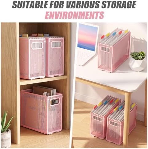 Zhengmy 3 Pcs Hanging File Organizer Letter Size File Holder Metal Mesh Filing Box Desktop Folder Letter Storage Cabinets Magazine Holder with Handles for Home Office School Document (Pink) - Image 6