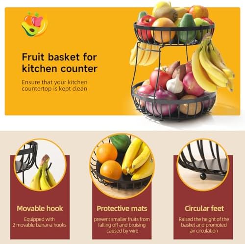 Sevenblue 2 Tier Fruit Bowl for Kitchen Counter, Black, Extra Large - Image 3