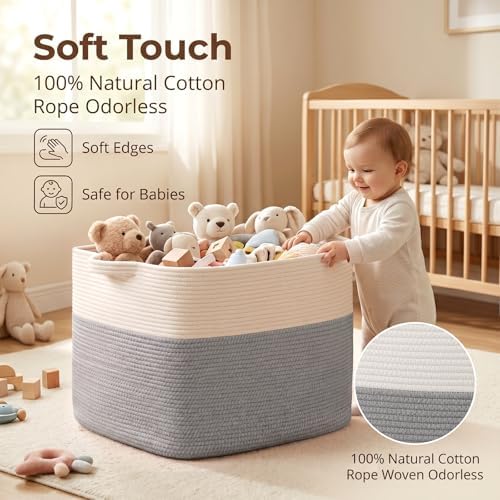 OIASKET 108L Cotton Rope Storage Basket for Living Room and Bedroom 25"x16"x16" Woven Laundry Basket, Heavy Duty Bin for Blankets, Pillows & Toys, Pet-Safe & Scratch-Free, Grey and White - Image 4
