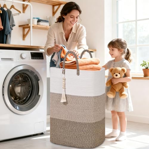 Woven Laundry Basket for Clothes,100 L Large Rectangle Laundry Hampers with Beads Tassel, Nursery Storage Basket for Toys, Tall Dirty Clothes Hamper for Bedroom Aesthetic, Laundry Room Organization - Image 2