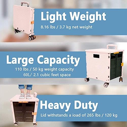 Foldable Utility Cart Portable Rolling Crate Handcart Shopping Trolley Collapsible 4 Rotate Wheels with Durable Heavy Duty Plastic Telescoping Handle for Travel Shopping Moving Storage Office Use - Image 3