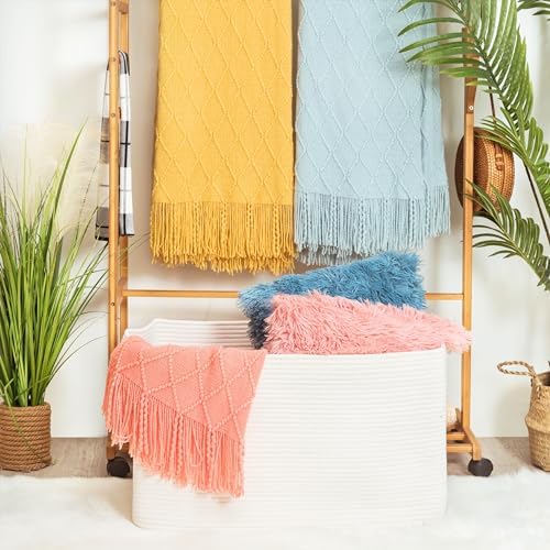 MINTWOOD Design 22in Extra Large Blanket Basket Holder Living Room, Rectangle Rope Woven Storage Basket with Handles for Laundry, Pool Towels, and Shoes, Dog Toy Organizer Bin Box, Creamy White - Image 2
