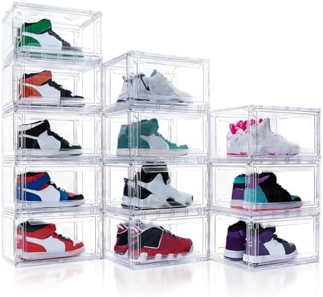 12 Pack Acrylic Shoe Boxes,Clear Plastic Stackable Sneaker Box,Shoe Containers,Shoe Display Case,Sneaker Storage,Fits Up to Size 15 by AOHMPT