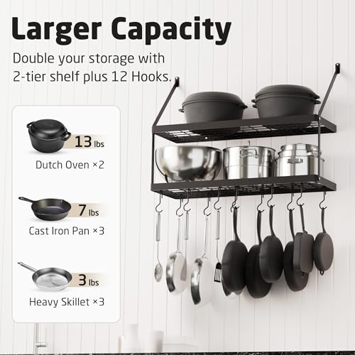 KES 2-Tier Wall Pot Rack, 30-Inch, 100 Lbs Load, Heavy-Duty, Matte Black - Image 2