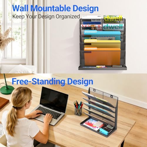 Legal/Letter Size 6 Tier Wall File Organizer,2-in-1 Wall Mounted&Desktop File Holder,2 Installation Methods Screws & Adhesive,Mesh Document Organizer with Label Plate for Home Office - Image 3