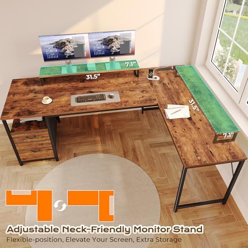 PRAISUN 63 Inch L Shaped Desk with Power Outlets and USB-C Port, Computer Corner Home Office Desk with File Fabric Drawers and Movable Monitor Stand, Larger Storage, Gaming, Writing, Rustic Brown - Image 6