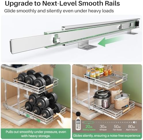 Pull out Cabinet Organizer, 2 Tiers 23"W X 21"D, Heavy Duty Smooth Sliding Under Cabinet Shelves for Pots and Pans, Full-Extension Roll out Drawers, Slide out Organization for Home Kitchen Pantry - Image 4