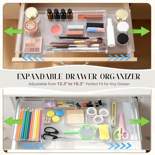 4pack Shallow Expandable Drawer Organizer, Adjustable 12.5”–20” Clear Plastic Drawer Organizer Tray for Vanity Bathroom Desk Kitchen Drawers, Multi Compartment Storage - Image 2