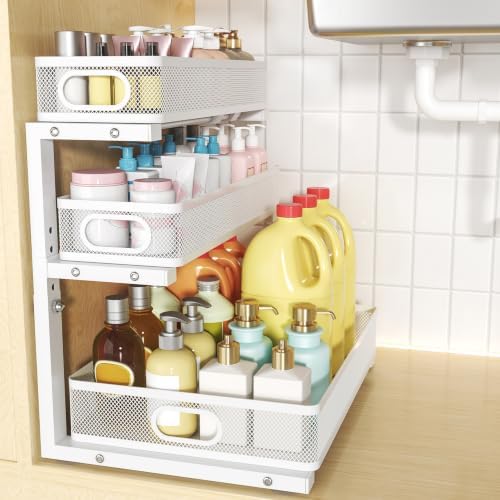 3-Tier Under Sink Organizer, Slide Out Drawer Rack, White, 1 Pack by Gwodeo