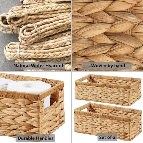 Vagusicc Wicker Storage Basket, Set of 2 Hand-Woven Water Hyacinth Wicker Baskets for Organizing Decor Storage Bins for Counter Shelves Pantry Basket Small Toilet Paper Basket for Toilet Tank Top - Image 6