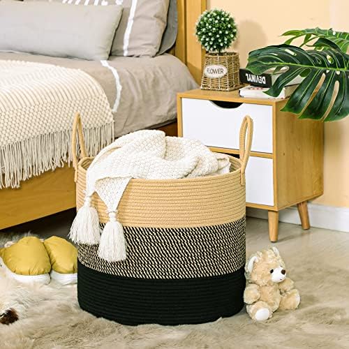 KAKAMAY Large Blanket Basket (18"x18"x16"),Woven Baby Laundry Hamper for Storage, Cotton Rope Blankets Baskets for Nursery, Laundry, Living Room, Pillows, Baby Toy Chest with Handles (Black) - Image 3