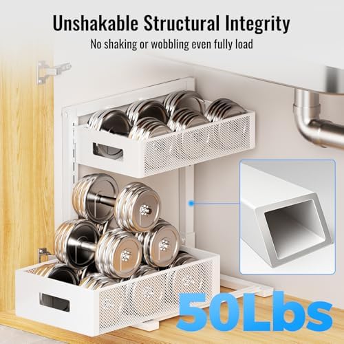 TISTAYA Full Metal Under Sink Organizer, Pull Out Cabinet Organizers and Storage, Silk-Smooth Sliding Drawer for Kitchen, Bathroom, Pantry, Cabinet, Closet (White, 2 Pack) - Image 5